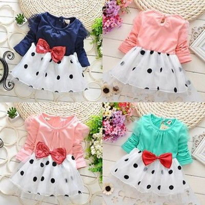 

Baby Toddler Girls Princess Long Sleeve Polka Dot Bow Tutu Party Dress 0-5T AU