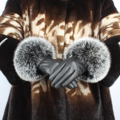 

Ladies sheepskin warm gloves big fox fur leather gloves