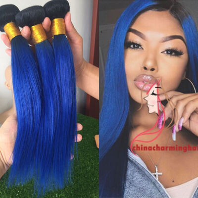 

Brazilian Straight Human Hair Weaving T1B Blue Two Tone Virgin Brazilian Hair Weave Bundles Ombre Human Hair extensions 3pcslot
