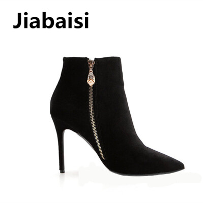 

Jiabaisi Shoes Women boots zipper Velours Over ankle high heel boot Pointed toe Stiletto Party Dress Heels boots