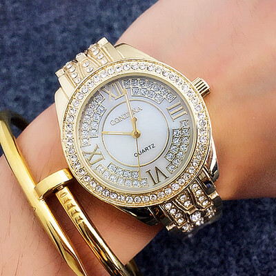 

New Luxury Rhinestone Alloy Wristwatches CONTENA Fashion Brand Full Diamonds Ladies Golden Quartz-Watch