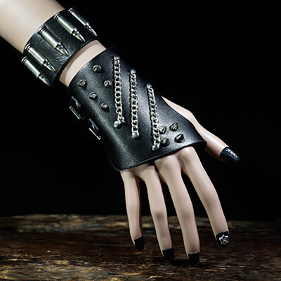 

Rivet show men half finger gloves half exposed leather gloves hip-hop thunderbolt
