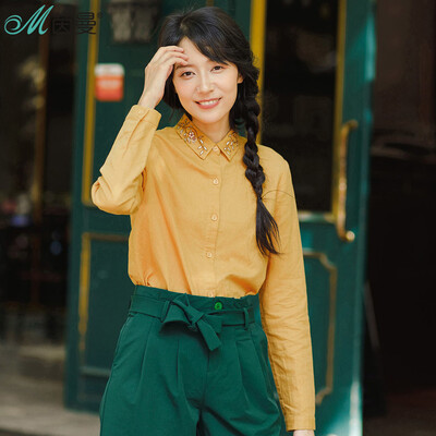 

Yan Man INMAN 2017 autumn linen cotton embroidered lapel long sleeve art shirt female 1873011138 mud yellow XL