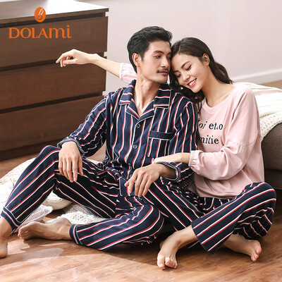 

Dora beauty DOLAMI pajamas womens autumn casual striped lapel cardigan couple long-sleeved home service suit DL732050 Bao blue bean sand female