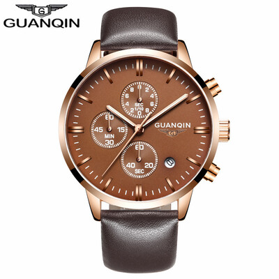 

GUANQIN Mens watch top brand luxury chronograph luminous fashion mens sports leather quartz watch