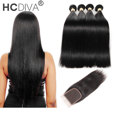 

HCDIVA Straight Human Hair Bundle with Closure Peruvian Virgin Hair 4 Bundle Hair with Closure Free part Middle Part Three Par