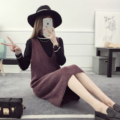 

sustory Women&39s 2017 autumn&winter Korean version of the sleeveless solid color sweater sets of wool sweater dress sweater dress SRSU017 army green S