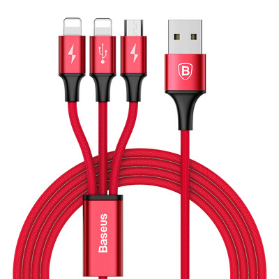 

Времена мышления Baseus Micro USB + двойной тройной интерфейсы Lightning телефонной линии / линии зарядки зарядный кабель перетащить три многофункциональных красный