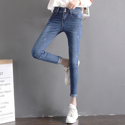 

City plus CITYPLUS 2017 autumn and winter new women's art wild high waist double buckle denim trousers elastic grip pattern feet pants CWKN178468 dark blue 29