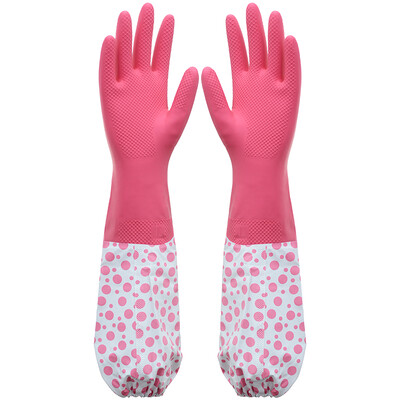 

Double plus cotton sleeves mouth gloves  dishwashing anti-skid velvet gloves household rubber gloves random colors