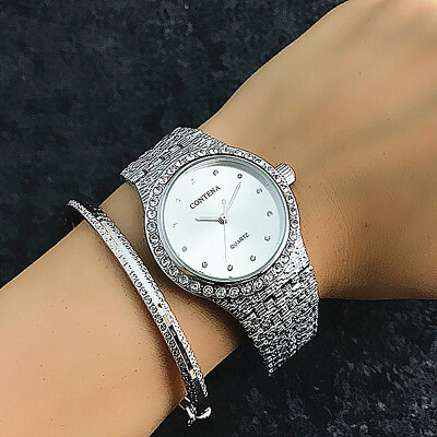 

CONTENA Luxury Business Women Rhinestone Watches Fashion Golden Alloy Bracelet Dress Quartz Wristwatches