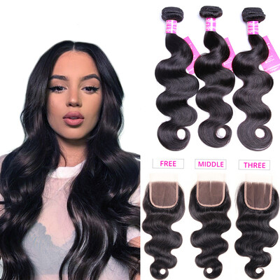 

Brazilian Lace Closure 4x4 Free/Middle/Three Part With 3 Bundles Wet And Wavy Brazilian Virgin Hair Body Wave Weave Extensions