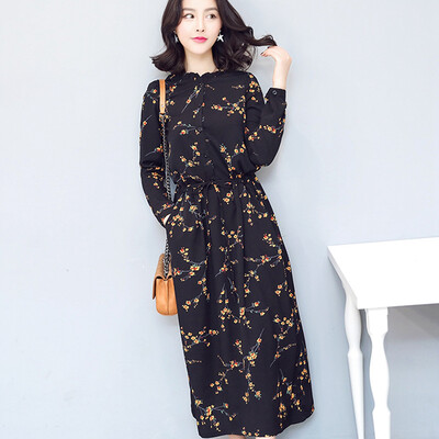

Fort Sheng 2017 autumn new long-sleeved dress Korean round neck floral chiffon dress skirt Slim big fashion skirt skirt zx1781718 dandelion XXL