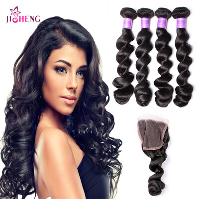 

8A Loose Wave Human Hair Bundles With Closure Indian 4 bundles Human Hair With 4*4 Lace Closure