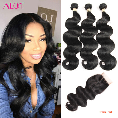

3 Bundles Hair With Lace Closure Brazilian Body Wave Human Hair Bundles with Closure Free / Middle/ Three Part Alot Hiar Products