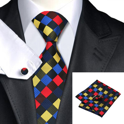 

N-0423 Vogue Men Silk Tie Set Red Plaid Necktie Handkerchief Cufflinks Set Ties For Men Formal Wedding Business wholesale