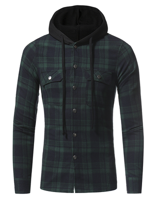 

Brand 2017 Fashion Hip Hop Male Shirt Long-Sleeves Tops Big Lattice Double Hooded Mens Dress Shirts Slim Men Shirt XXXL