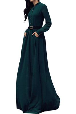 

Lovaru ™2015 Green Colour hot sale Elegant Women Long Dress Stand Collar Long dress fashion style