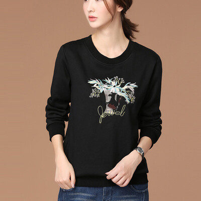 

City plus CITYPLUS 2017 autumn and winter new women's art plus cashmere thick long-sleeved sweater embroidered loose primer shirt CWWY178353 black XL