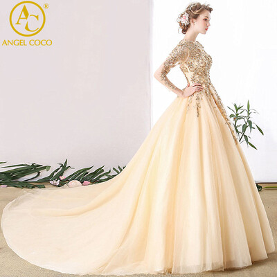 

Luxury Golden Evening Dress Long O-Neck Tulle Beautiful Evening Gowns Prom Party Zuhair Murad Saudi Arabia Dubai Abaya Kaftan