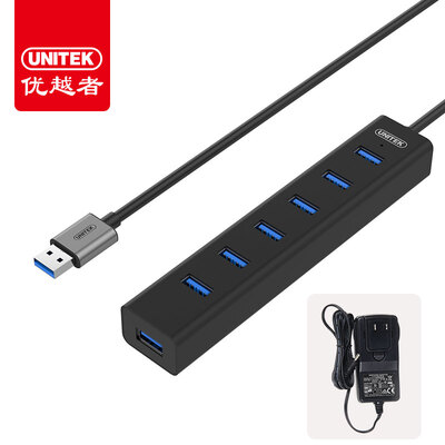 

UNITEK) Y-3090BBK USB3.0 high-speed expansion of 7-port HUB multi-interface hub 1.2 meters black with external power supply mobile phone tablet fast charge splitter