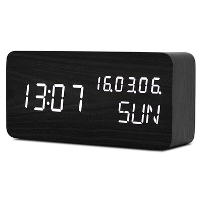 

LED Digital Alarm Clock Wooden Voice Control Table Clock Calendar Week LED Display Desk Clock USB/Battery Power Travel Clock
