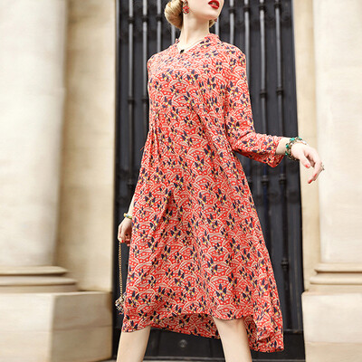 

2017 Autumn new boutique women's large size long-sleeved printing silk dress A word floral skirt