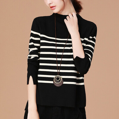 

City plus CITYPLUS 2017 autumn&winter new women&39s literary&art wild half-high collar collar sweater striped long-sleeved thickening sweater CWYC179353 black strip L