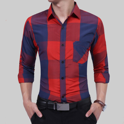 

Brand 2017 Fashion Male Shirt Long-Sleeves Tops Fashion Hit Color Big Plaid Mens Dress Shirts Slim Men Shirt 3XL DFGH