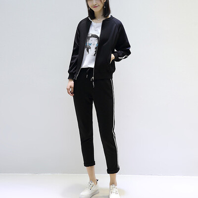 

City plus CITYPLUS 2017 autumn new women's art long-sleeved baseball jacket + elastic waist nine points casual pants two-piece suit CWWT178557 black L