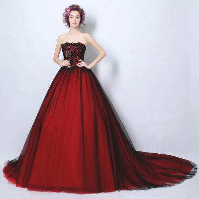 

Wine red lace bra princess bride wedding dress for dinner toast tail wedding dress 6302 years