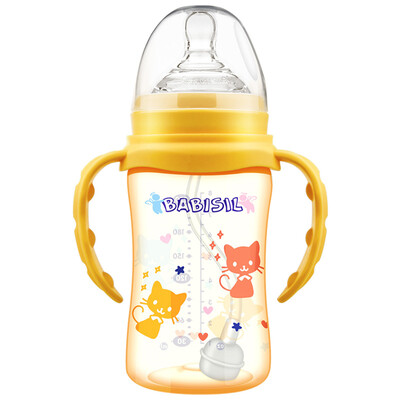 

Bayer Xin BABISIL PPSU light&fall-resistant wide mouth straw bottle can be rotated handle 240ml drinking milk drinking cup yellow BS5035