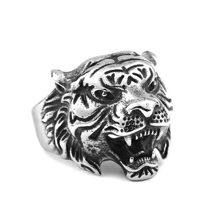 

Vintage 316L Stainless Steel Titanium Tiger Head Ring Men Personality Unique Mens Animal Jewelry US size