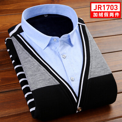 

Business Gentleman Men Long Sleeve Shirt Winter Stitching Color Silm Fit Fake Two Pieces High Quality Keep Warm