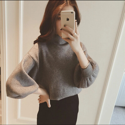 

2017 autumn and winter new semi-high collar short section sweater loose sets of lanterns jacket sweater coat