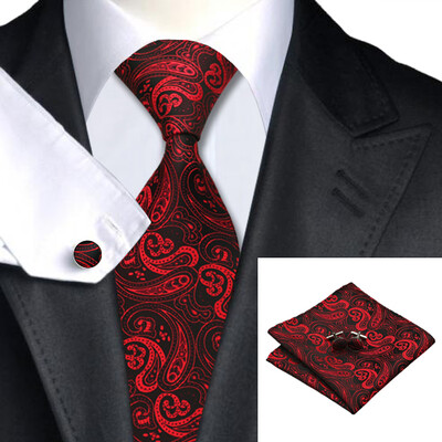 

N-0314 Vogue Men Silk Tie Set Red Paisley Necktie Handkerchief Cufflinks Set Ties For Men Formal Wedding Business wholesale