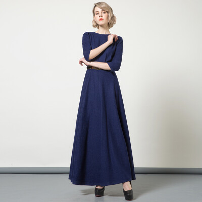 

DF · RS Autumn&winter new long section long-sleeved woolen dress Dili Run Chi round neck slim Slim wool skirt