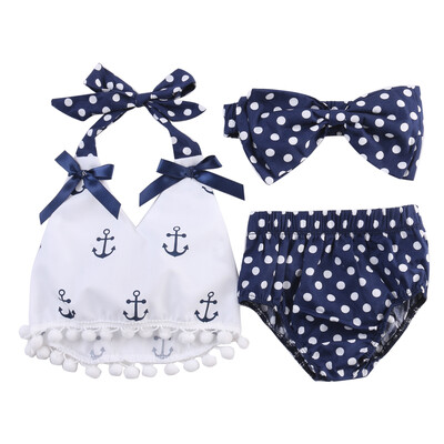 

Cute Baby Girl Clothes Anchor Tops+Navy Dots Briefs Outfits Set Backless Sunsuit