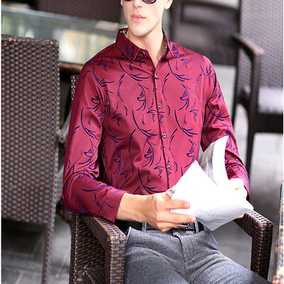 

2017 autumn new men's shirt long-sleeved solid color light business casual wild printing lapel shirt