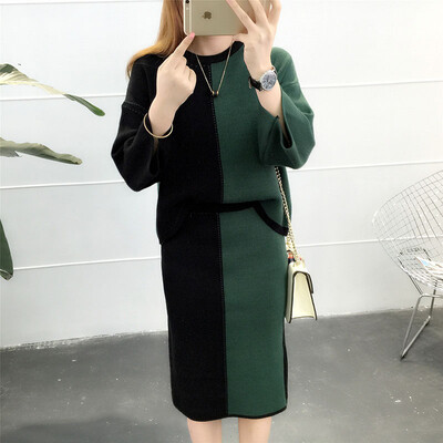 

sustory Women's 2017 autumn and winter paragraph sweater two sets of Korean version of loose loose color sweater suit SRSU136 green all