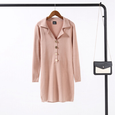 

2017 autumn new long-sleeved suit collar knit dress Slim package hip skirt