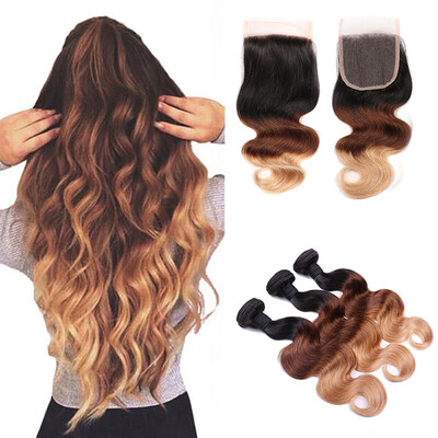 

Ombre hair with Lace Closure 8A Ombre Body Wave with Closure 4*4 Human Hair Virgin Malaysiann Lace Closure 1B/4/27 Good Quality