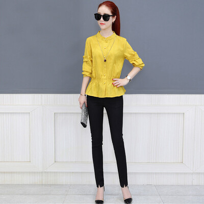 

Fort Sheng 2017 new women autumn&winter simple long-sleeved Han Fan students loose shirt pure color chiffon shirt zx1783006 yellow L