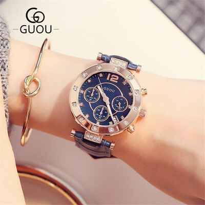 

GUOU Fashion Bracelet Women Quartz Watches Luxury Brand Ladies Leather Wrist Watch Rhinestones Clock