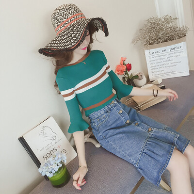 

sustory women&39s 2017 autumn&winter models Korean version of the head striped sweater trumpet sweater shirt collar collar coat shirt SRSU105 green uniform