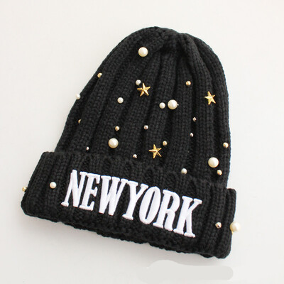

Kela lovers NEWYORK pearl embroidery warm wool knitted hat sharp hat