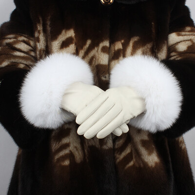 

Ladies sheepskin warm gloves big fox fur leather gloves