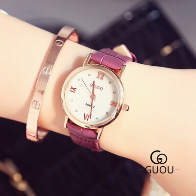

GUOU Ladies Fashion Quartz Watch Women Rhinestone Leather Casual Rose Gold Dress Watch