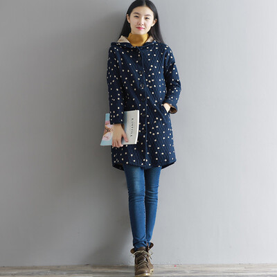 

City plus CIYPLUS 2017 winter new women&39s literary&artistic harness hooded drawstring long paragraph cardigan jacket cotton jacket CWMF179152 navy blue L