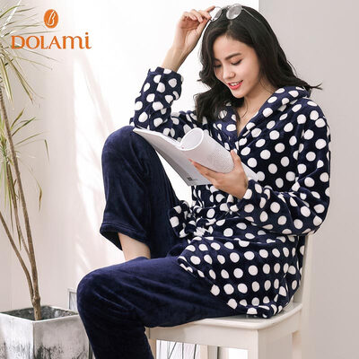 

Dora beauty DOLAMI pajamas women 2017 autumn new long-sleeved lapel polka-dot womens home service suit DL652033 sapphire blue